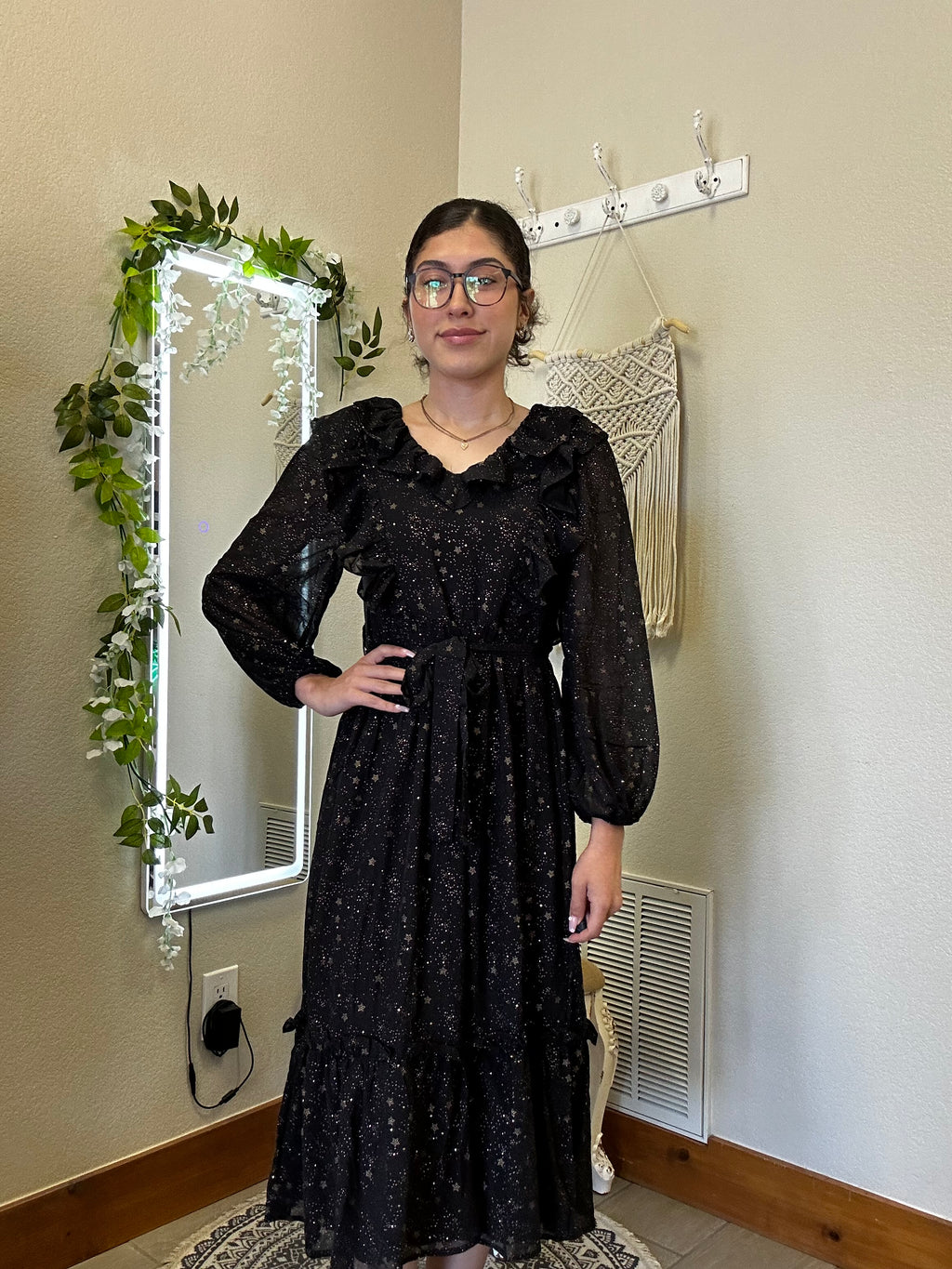 Shirred Chiffon Ruffle Midi Dress