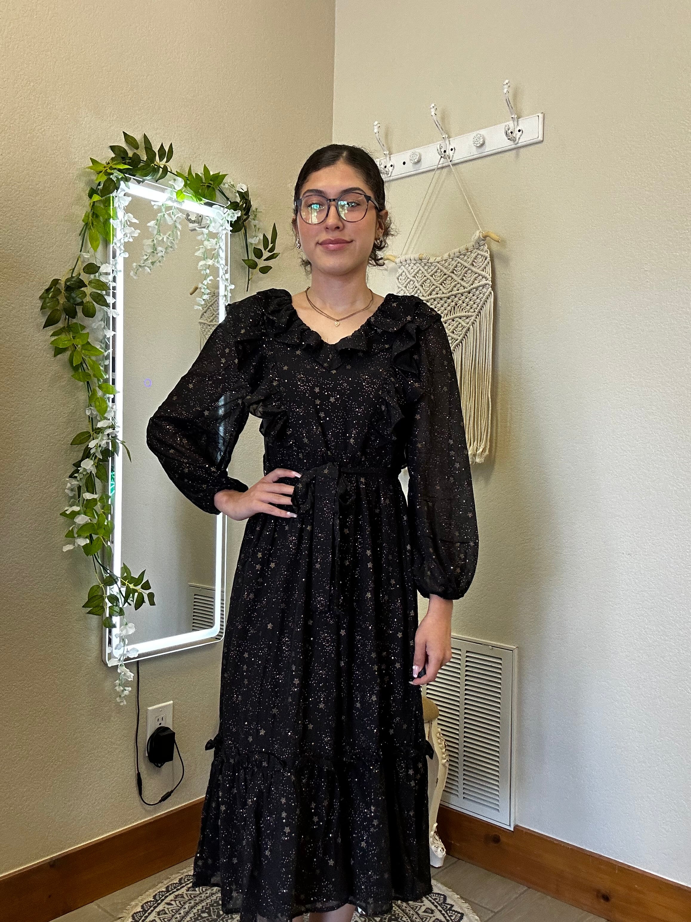 Shirred Chiffon Ruffle Midi Dress