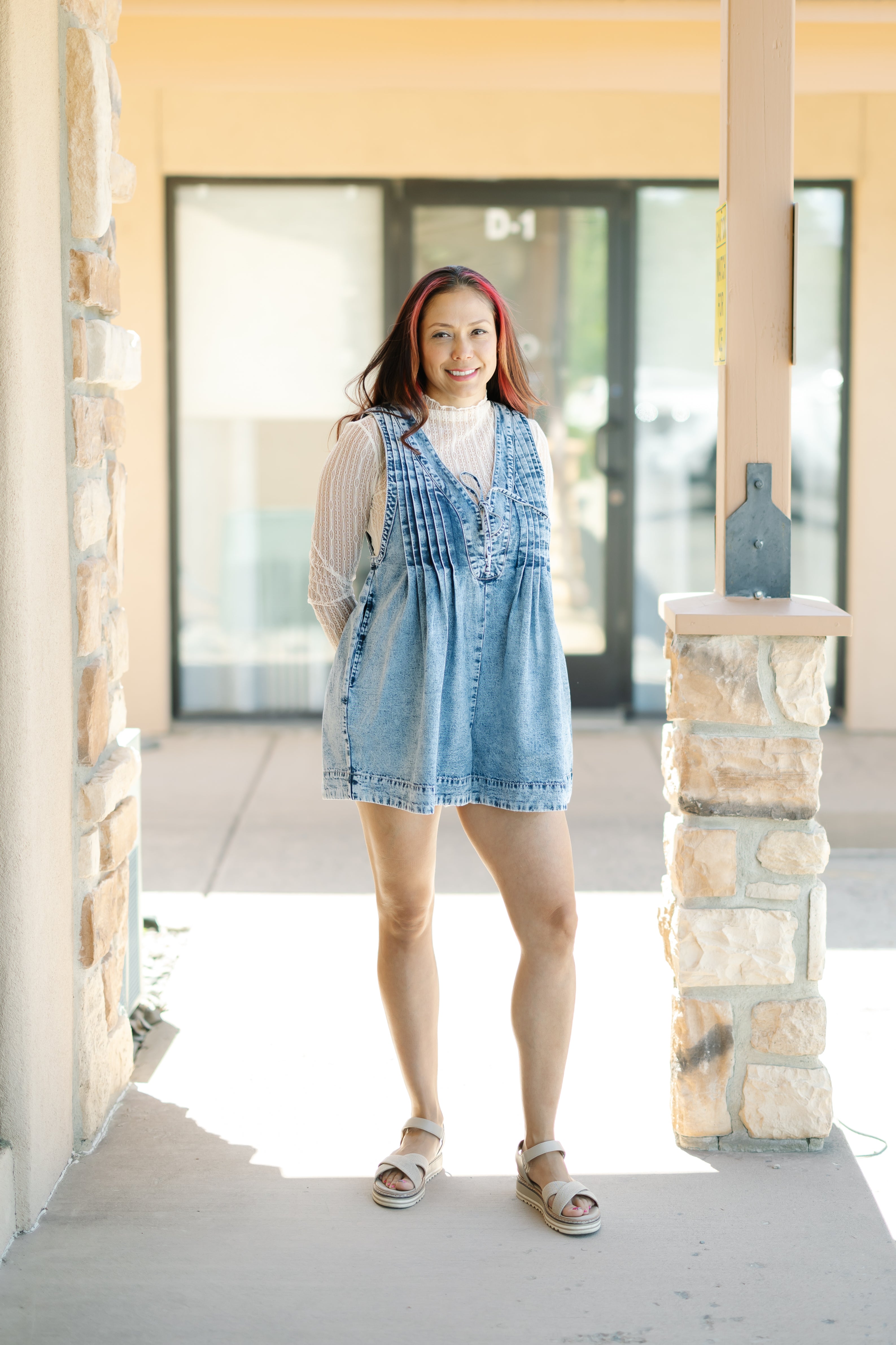 Front Pleated V Neck Sleeveless Denim Romper