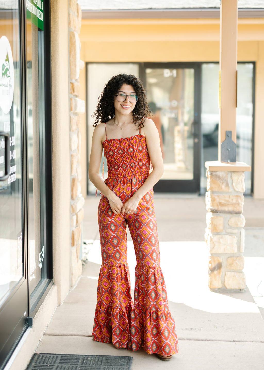 Boho Print Smocked Flared Jumpsuit