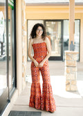 Boho Print Smocked Flared Jumpsuit