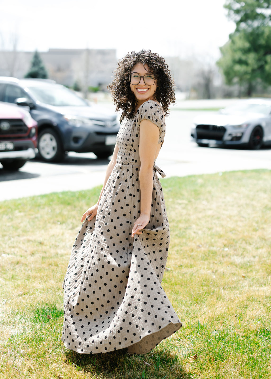 Polka Dot Criss Cross Open Back Smocked Maxi Dress
