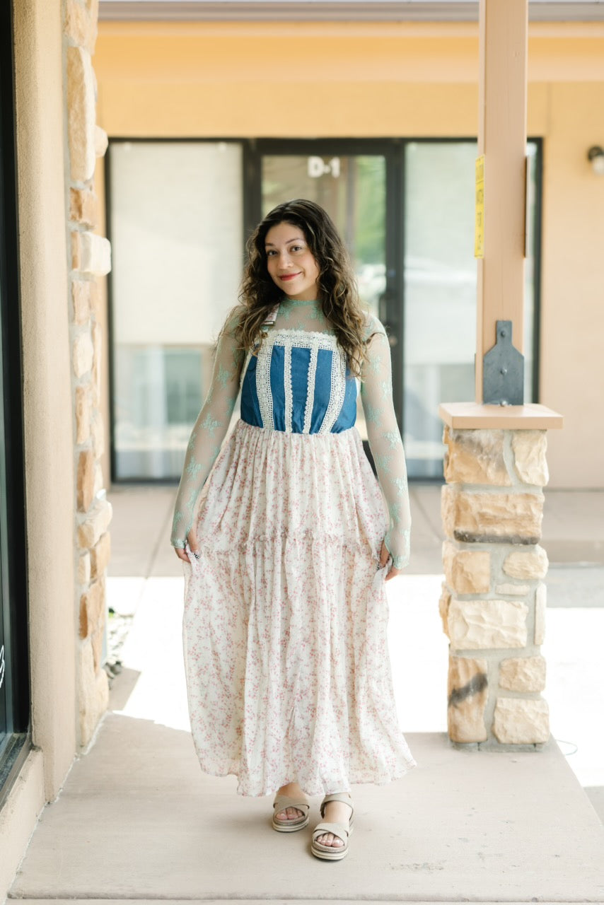 Denim w/Lace Overall Midi Dress