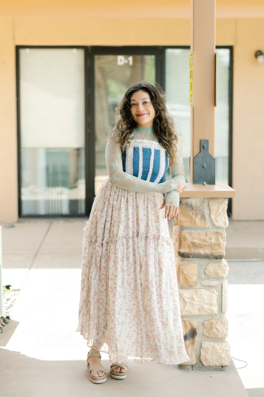 Denim w/Lace Overall Midi Dress