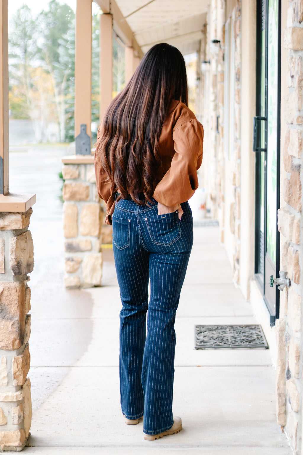 Metallic Stripe Bootcut Pants