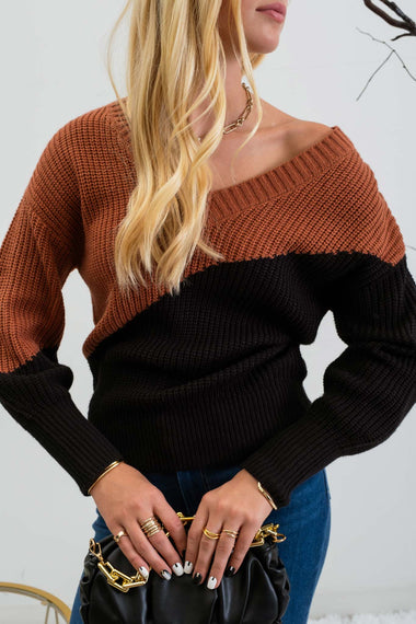 Assymmetrical Colorblock Knit Sweater