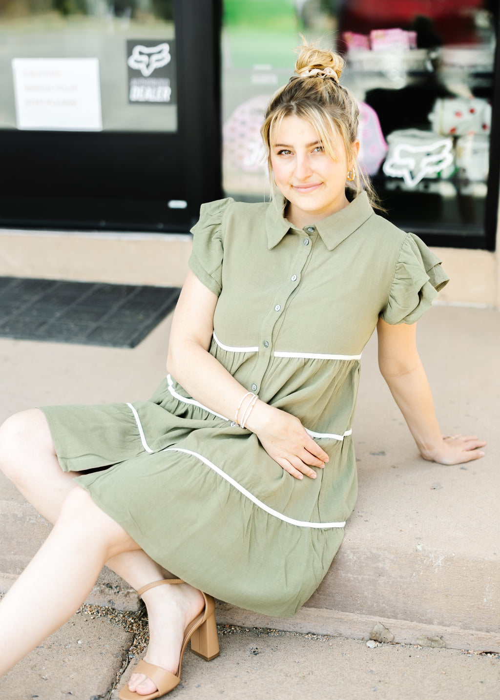 Ruffle Sleeve Woven Tiered Button Down Dress