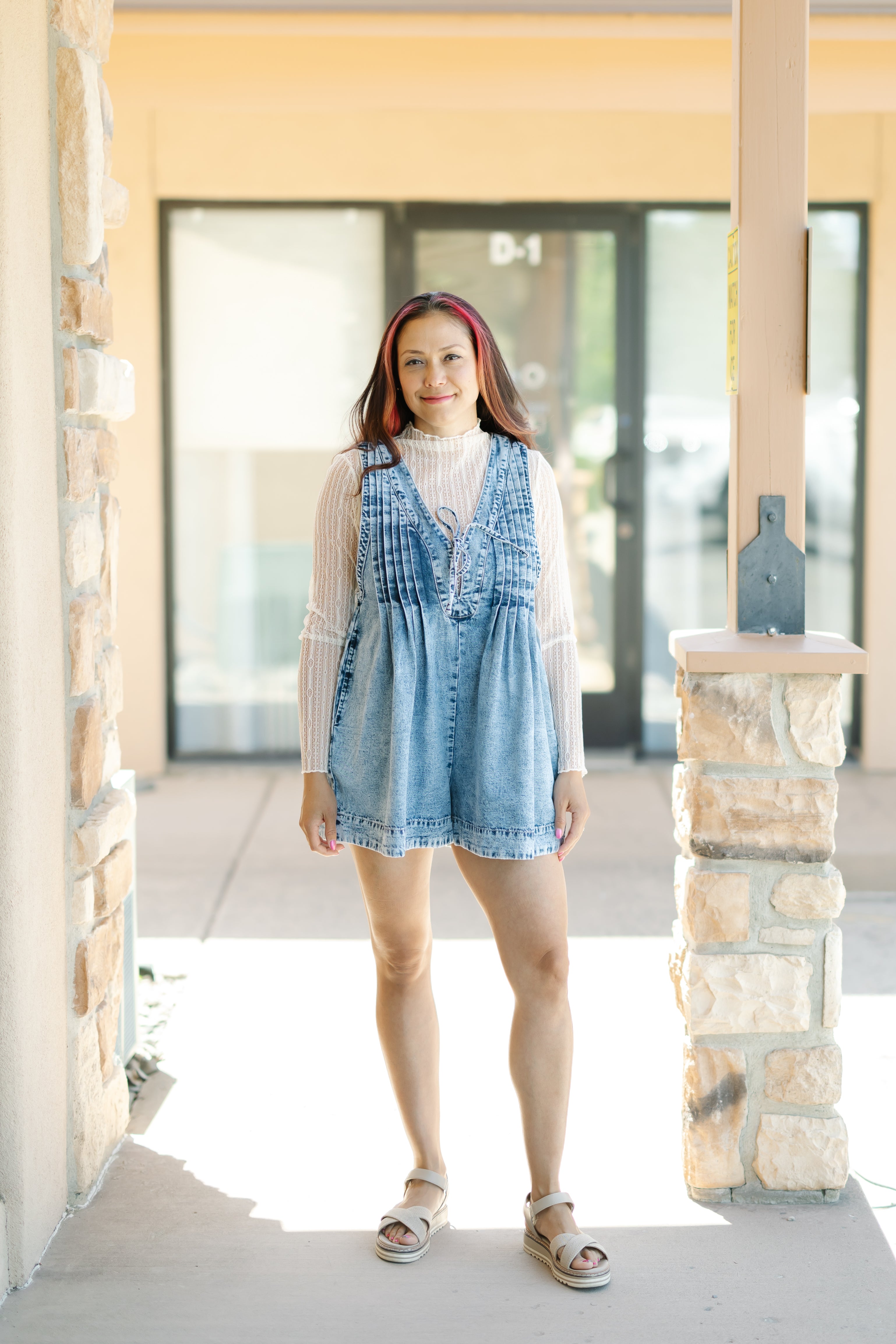 Front Pleated V Neck Sleeveless Denim Romper