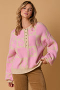 Flower LS Knit Sweater w/Front Button