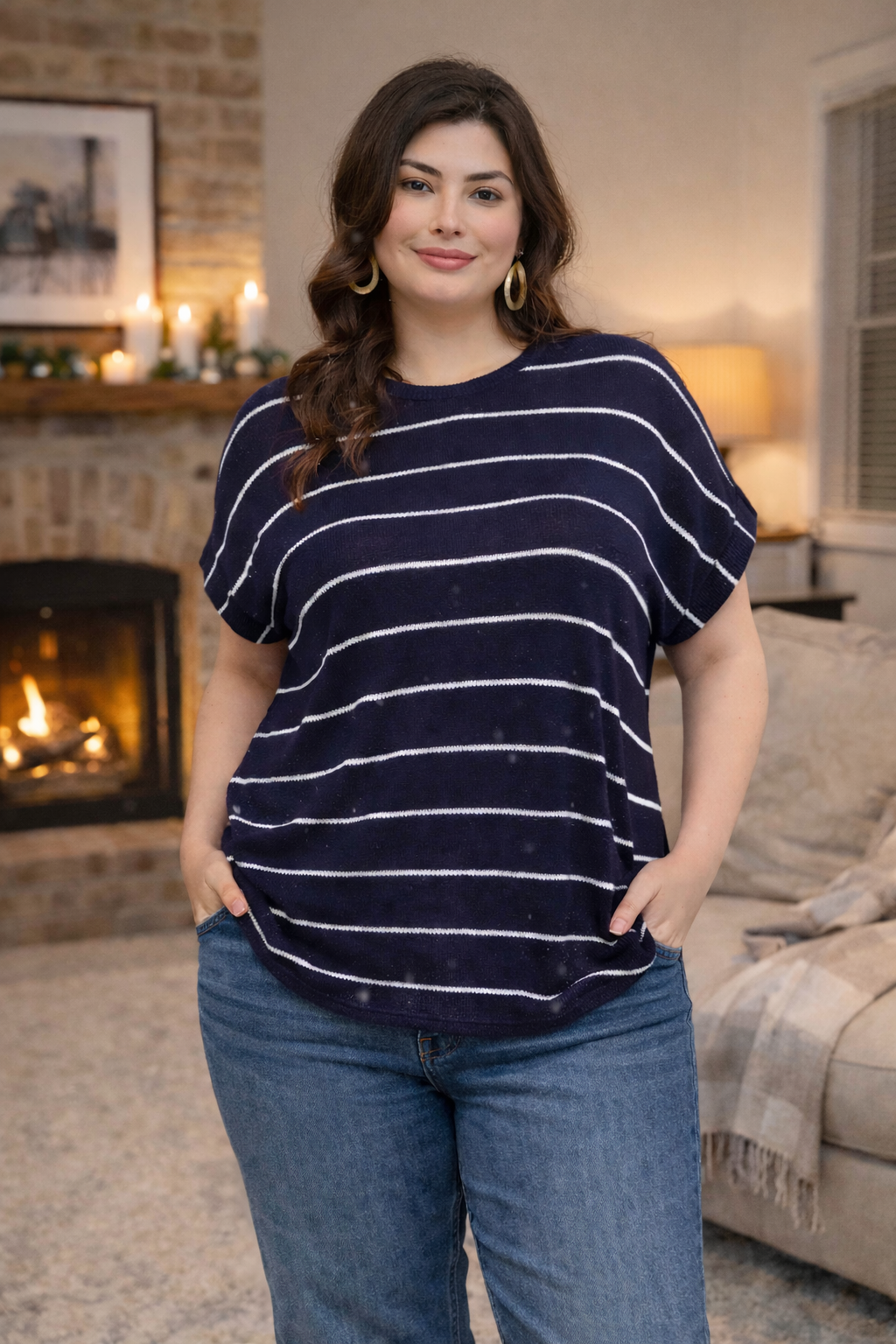 Plus Size Stripe Round Neck Short Cuff Sleeve Knit Top