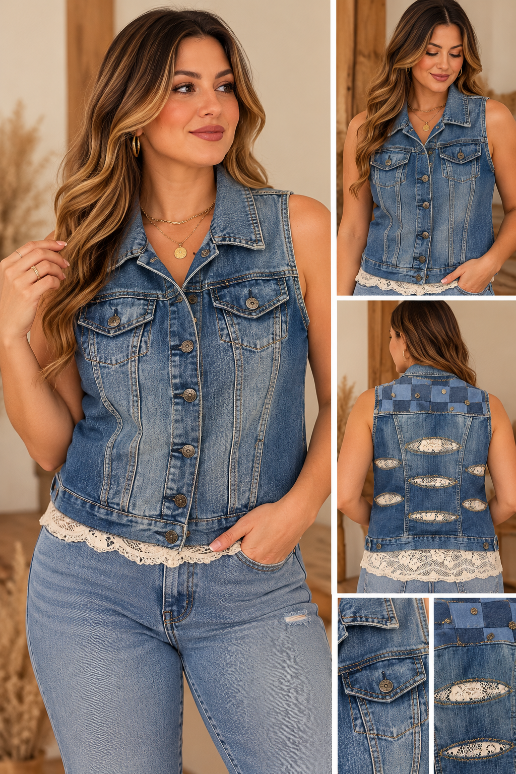 Vintage Lace Detail Denim Vest