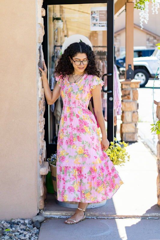 Floral Scoop Neck Smocked Maxi Dress