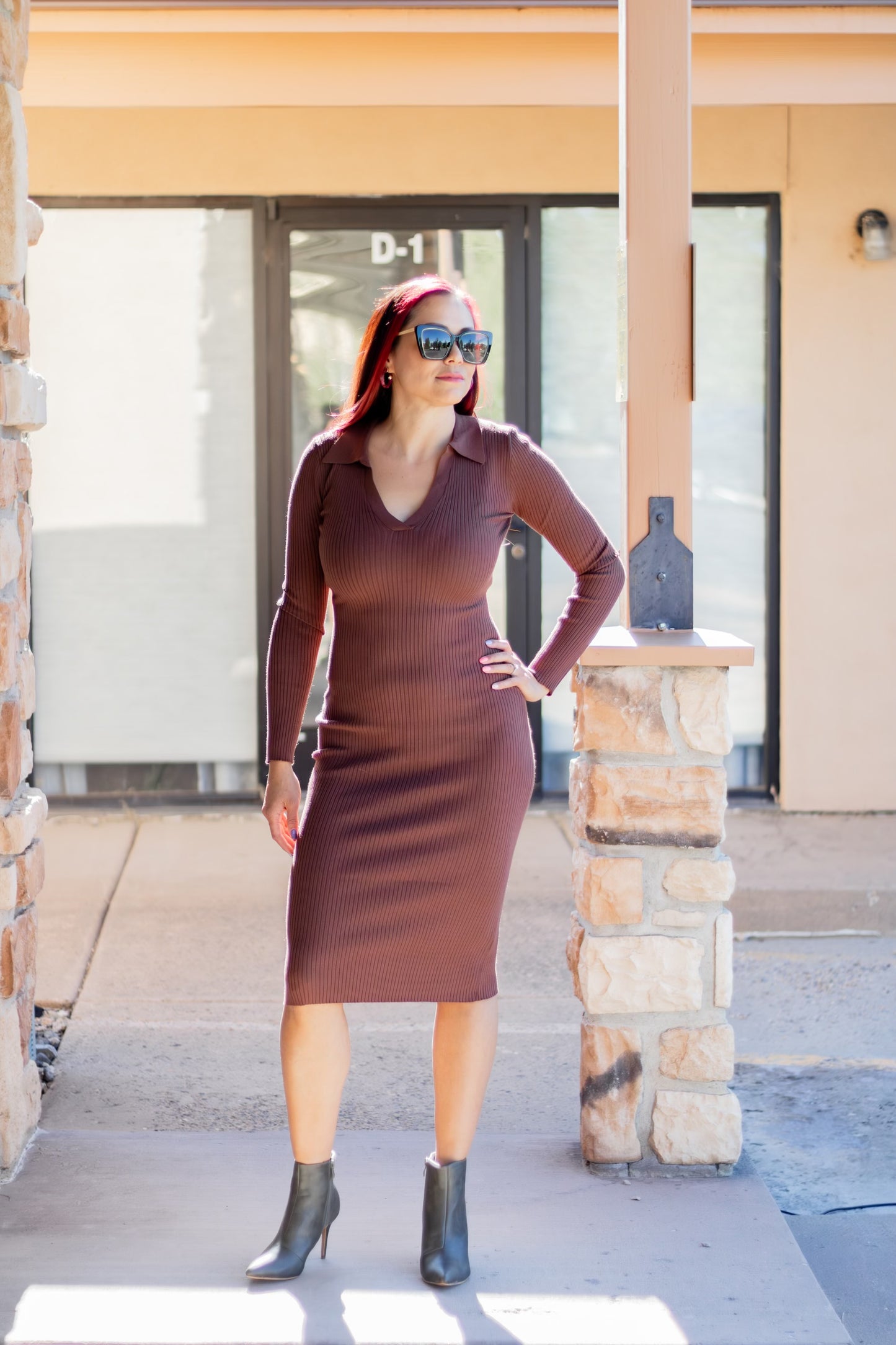 Collared Rib Knit Midi Dress