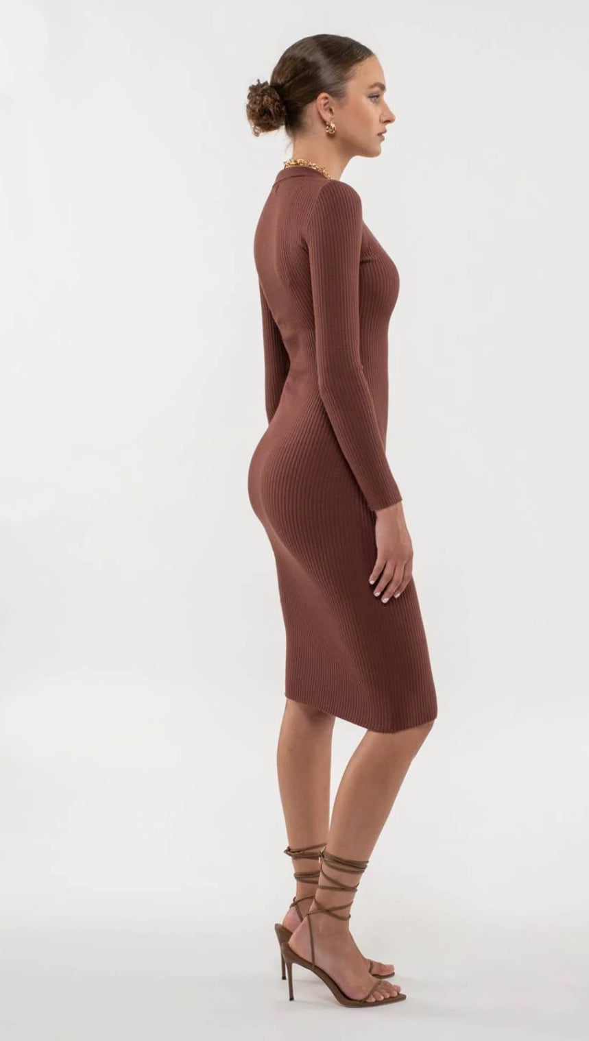 Collared Rib Knit Midi Dress.