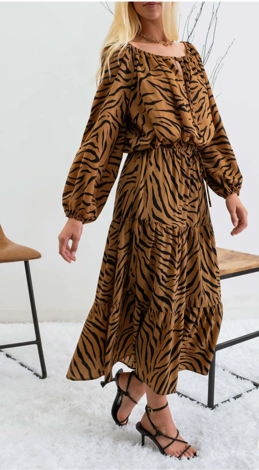 Tiger Print Tiered Maxi Skirt.