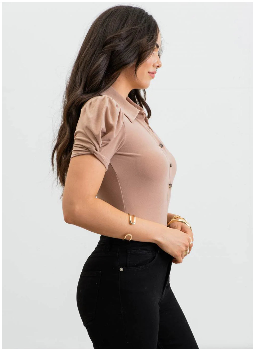 Collared Twist Sleeve Woven Top.