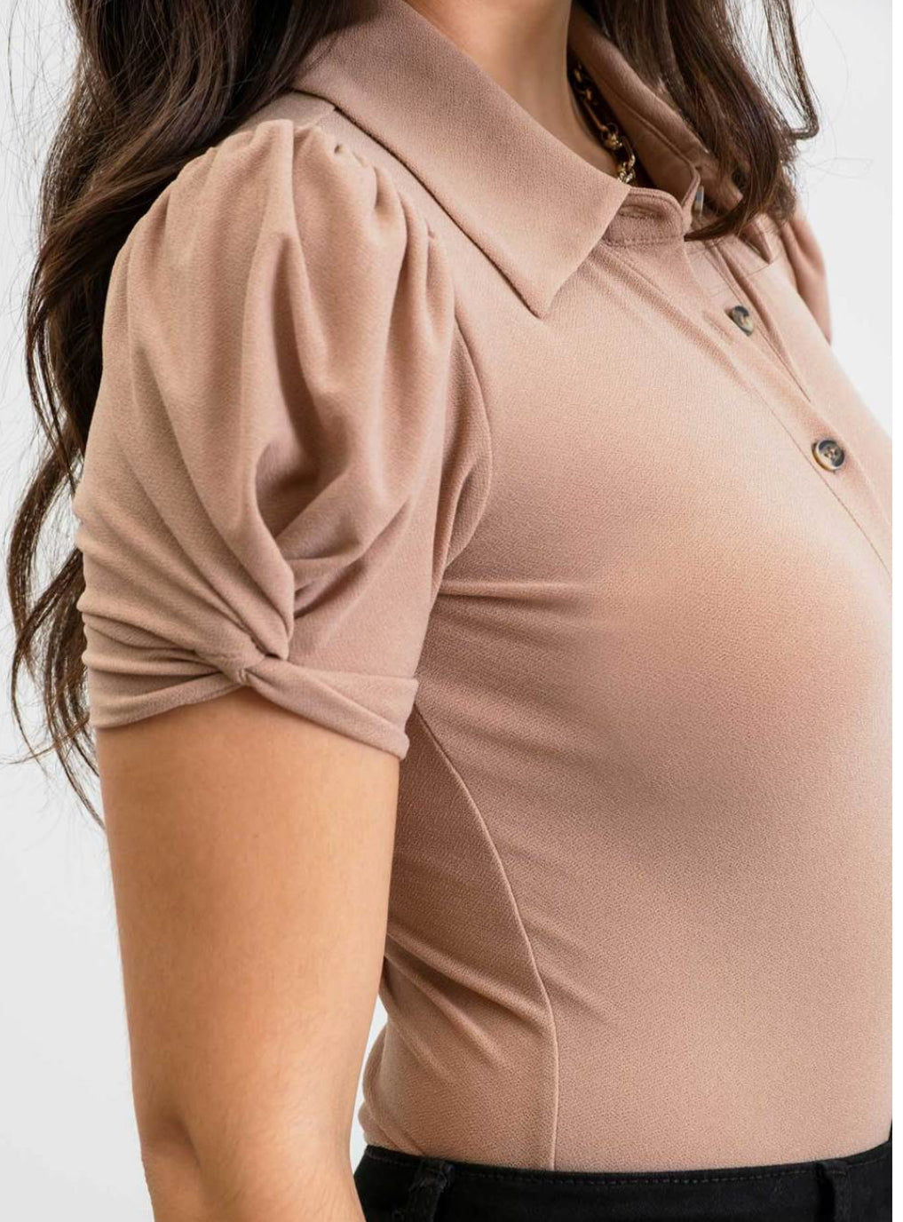 Collared Twist Sleeve Woven Top.