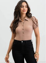 Collared Twist Sleeve Woven Top.