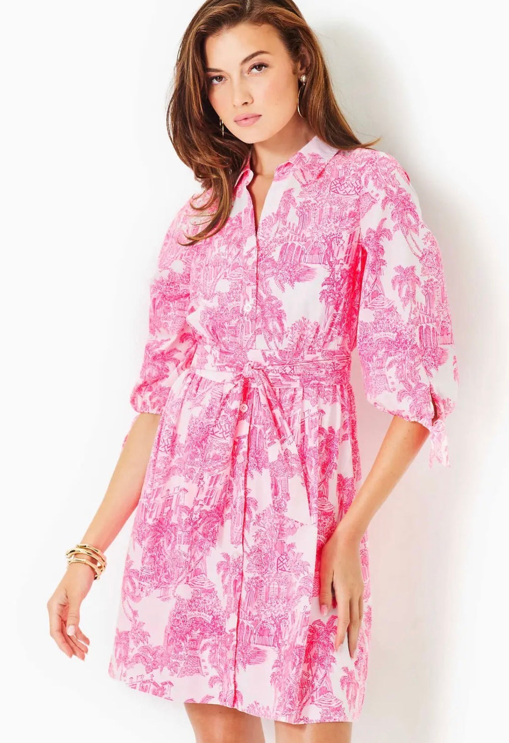 Lilly Pulitzer Amrita 3/4 Sleeve Cotton Shirtdress | Resort White PB Anniversary Toile