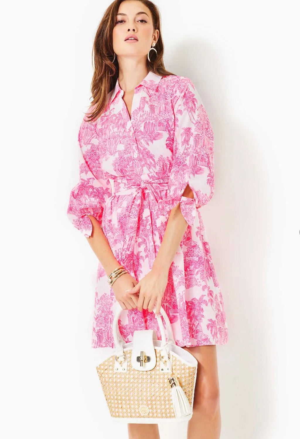 Lilly Pulitzer Amrita 3/4 Sleeve Cotton Shirtdress | Resort White PB Anniversary Toile