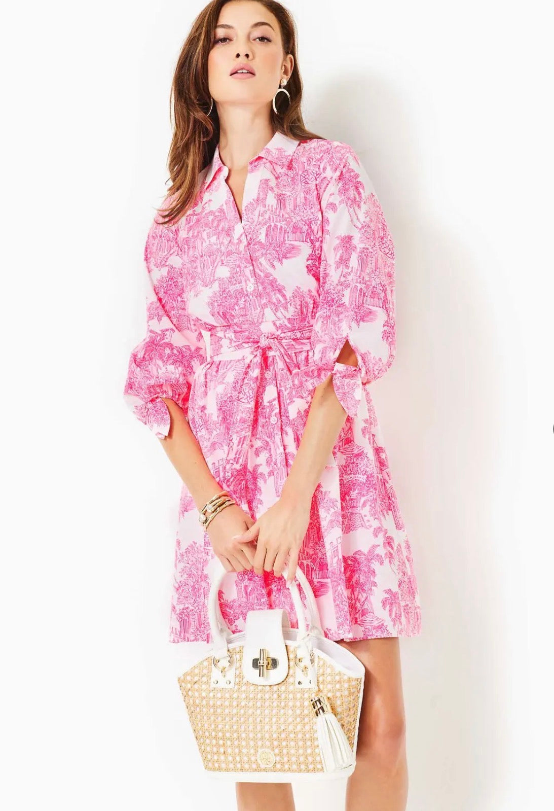 Lilly Pulitzer Amrita 3/4 Sleeve Cotton Shirtdress | Resort White PB Anniversary Toile