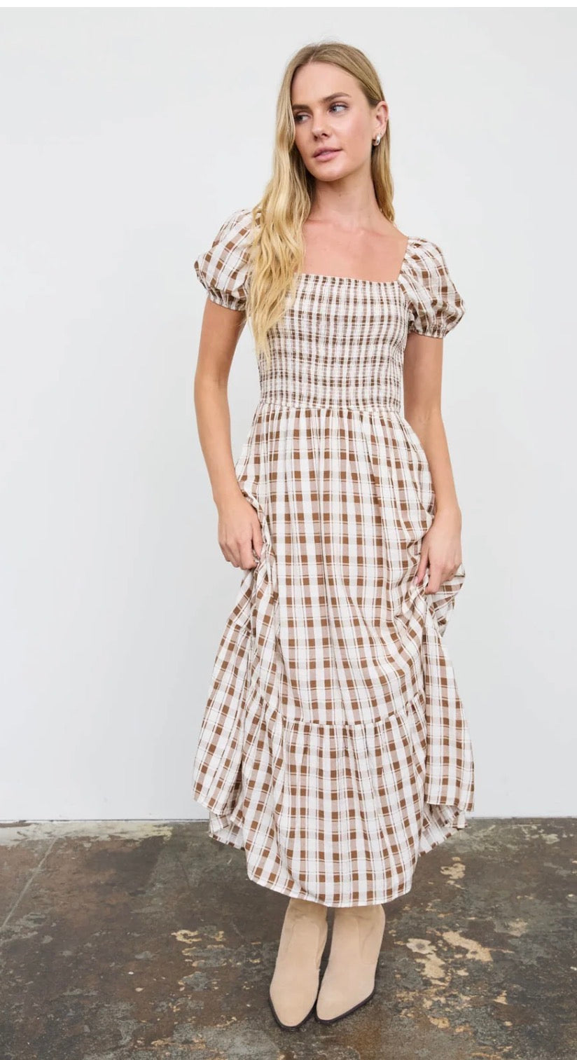 Autumn Plaid Smocked Puff Sleeve Midi Dress