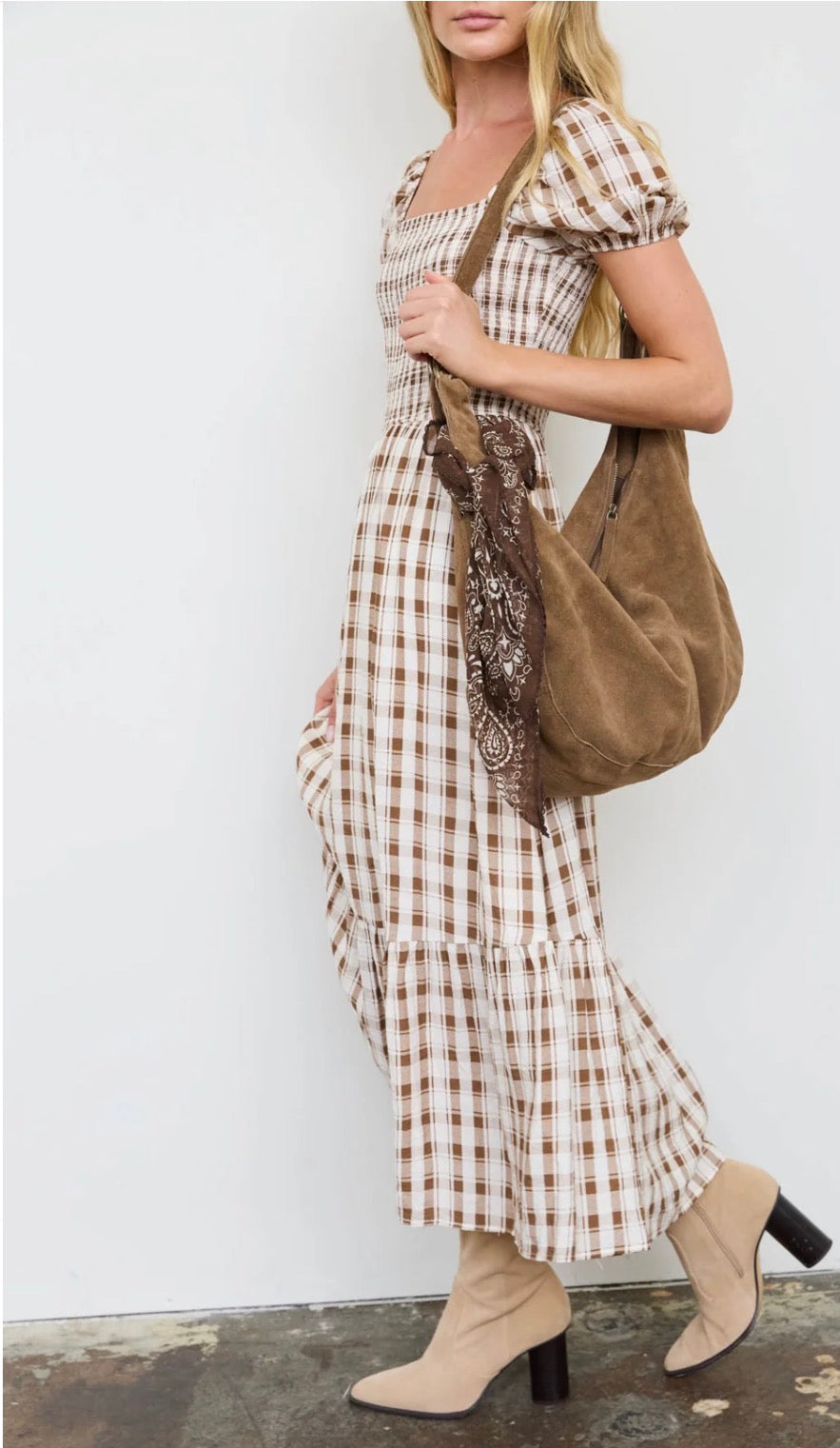 Autumn Plaid Smocked Puff Sleeve Midi Dress