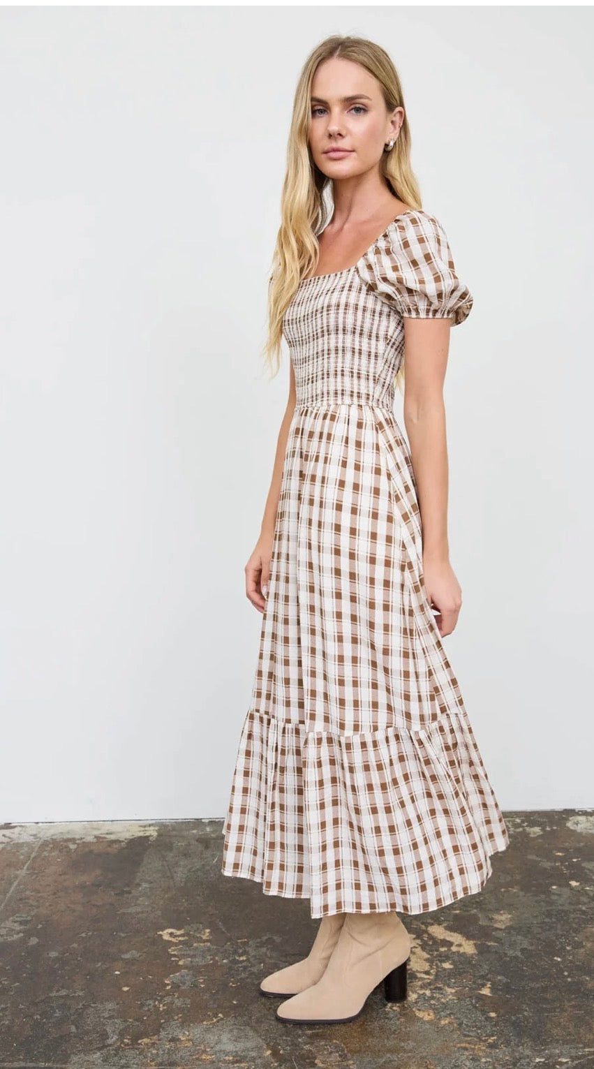 Autumn Plaid Smocked Puff Sleeve Midi Dress