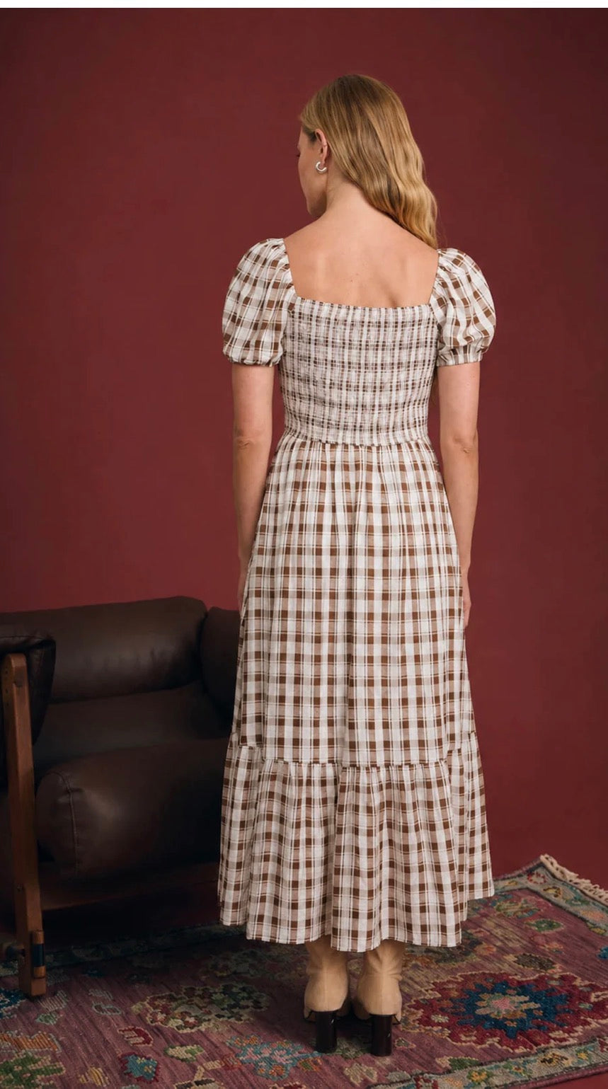 Autumn Plaid Smocked Puff Sleeve Midi Dress