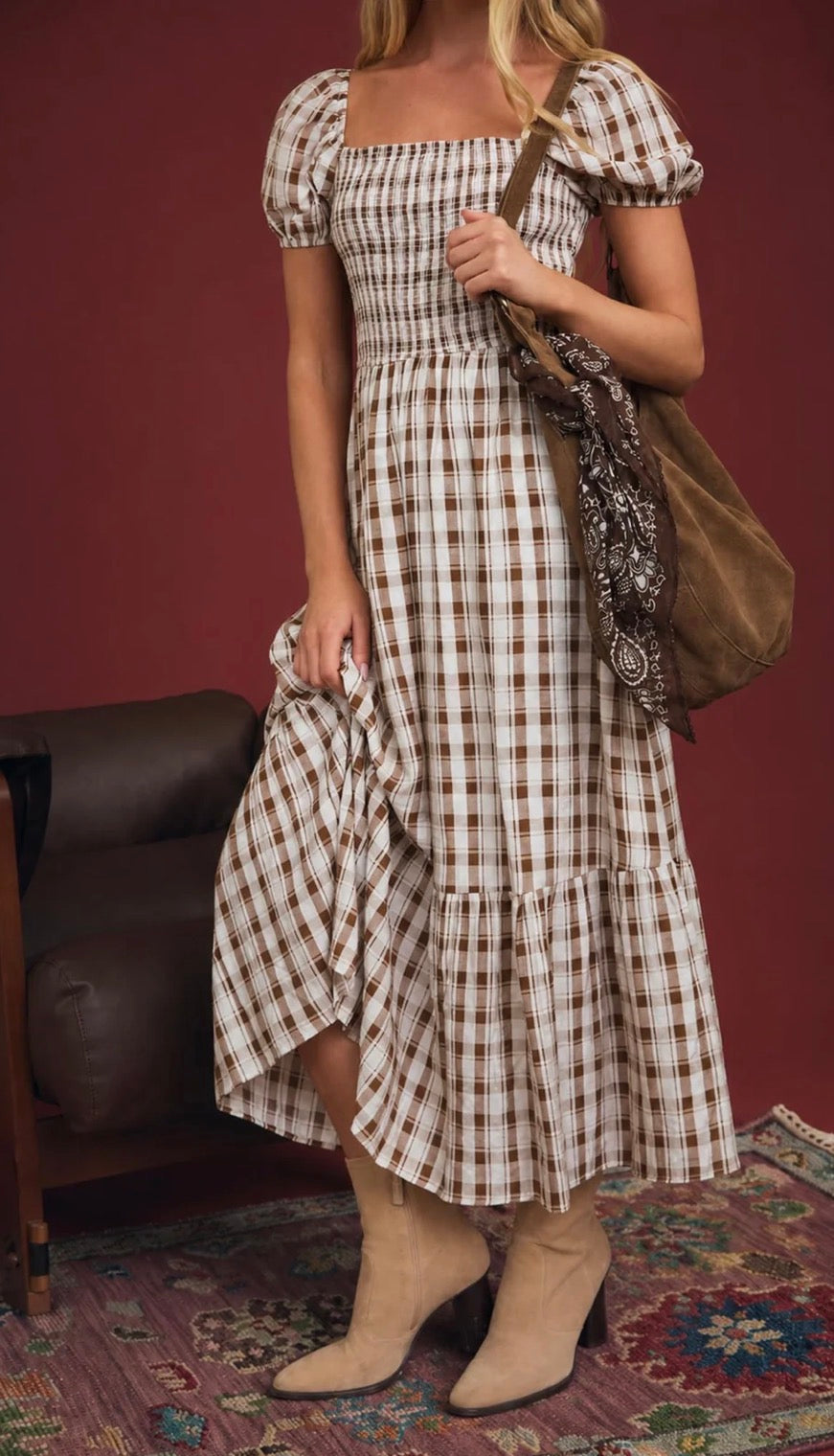 Autumn Plaid Smocked Puff Sleeve Midi Dress
