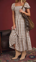 Autumn Plaid Smocked Puff Sleeve Midi Dress