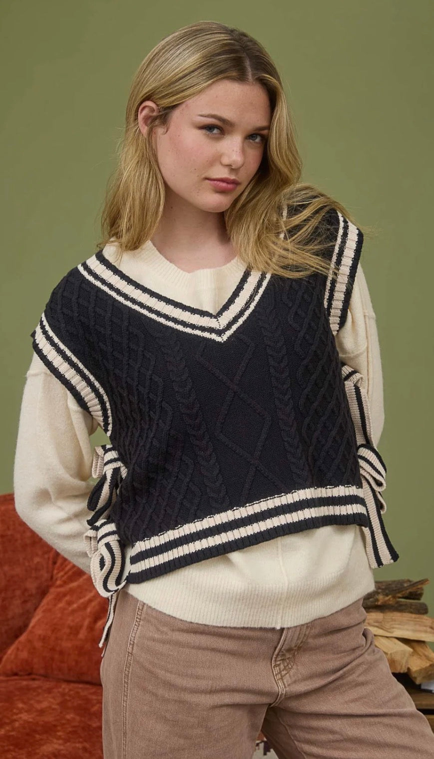 Vintage Varsity Side Tie Cable Knit Sweater Vest
