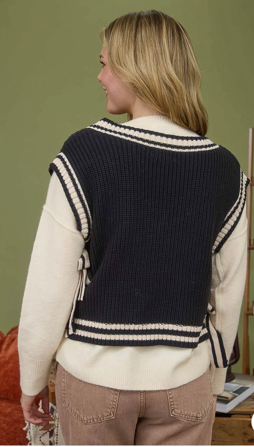 Vintage Varsity Side Tie Cable Knit Sweater Vest