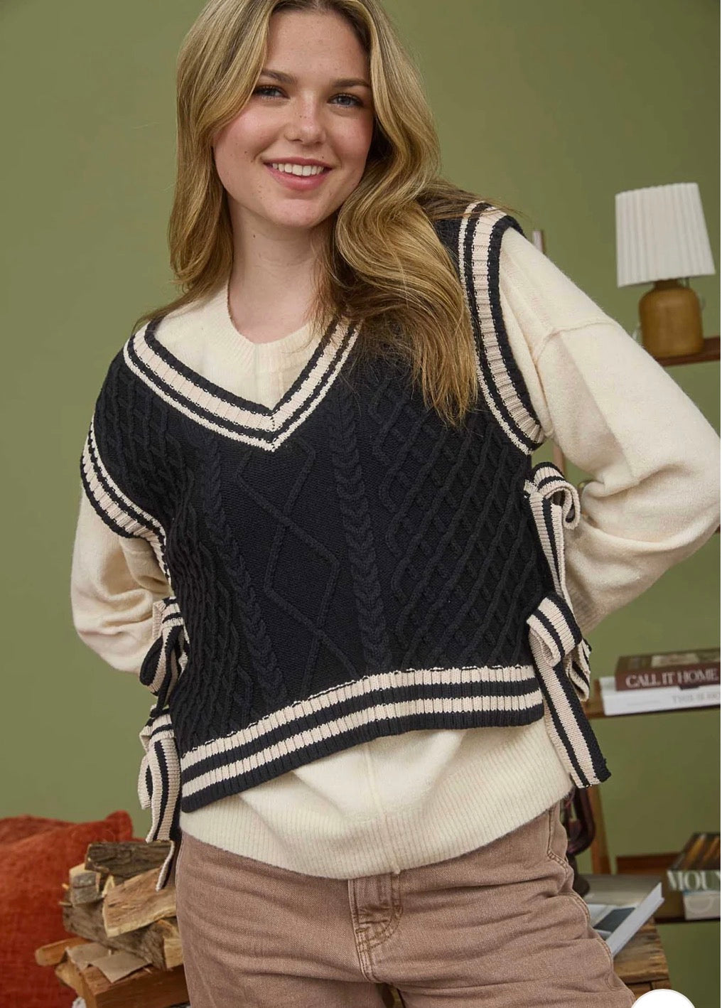Vintage Varsity Side Tie Cable Knit Sweater Vest