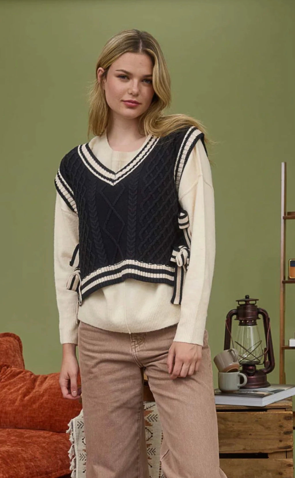 Vintage Varsity Side Tie Cable Knit Sweater Vest