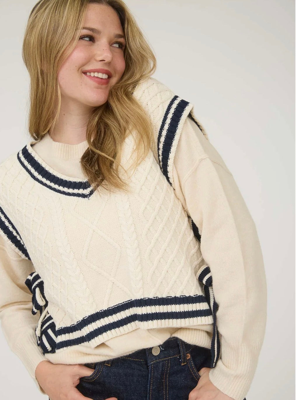Vintage Varsity Side Tie Cable Knit Sweater Vest