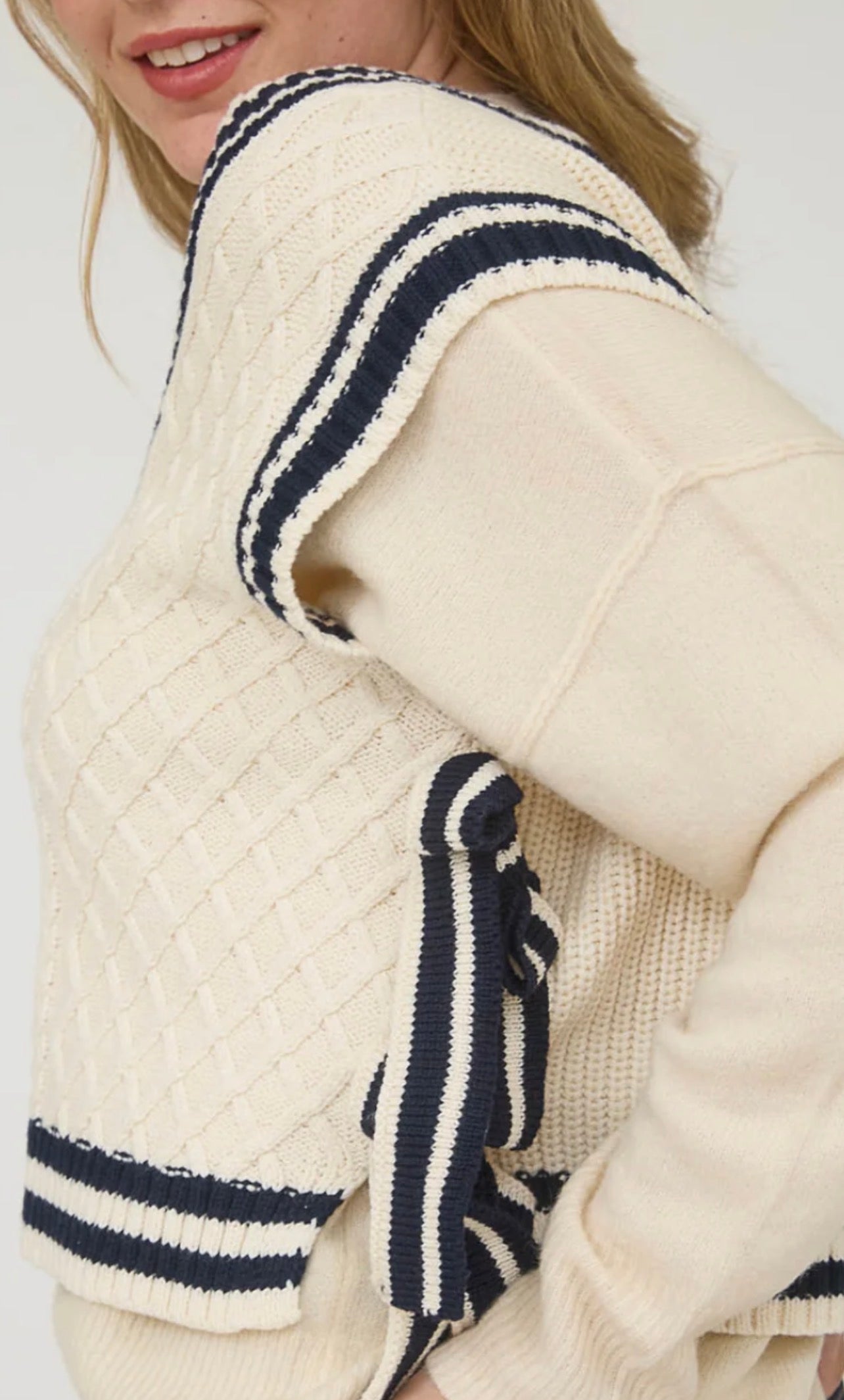 Vintage Varsity Side Tie Cable Knit Sweater Vest