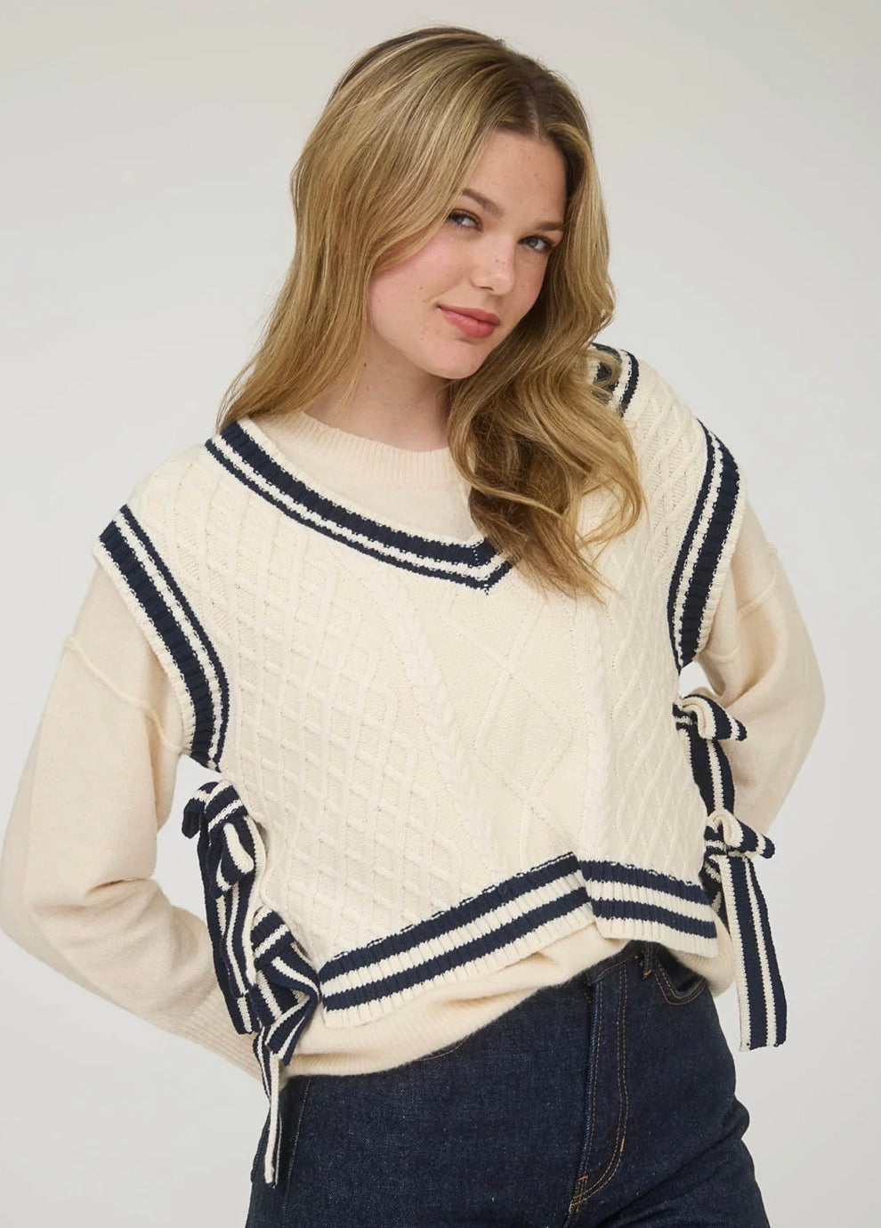 Vintage Varsity Side Tie Cable Knit Sweater Vest