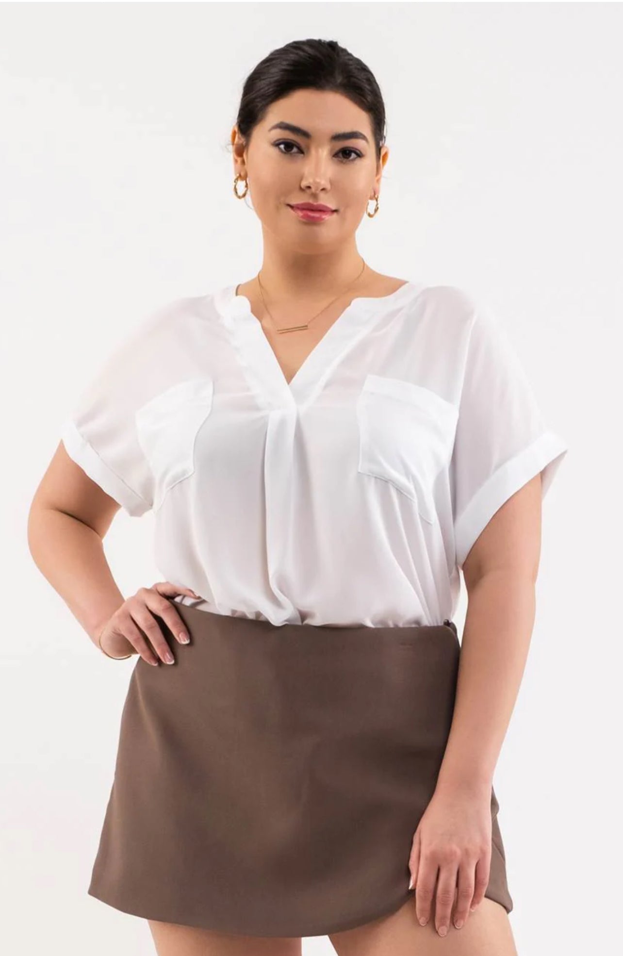 Plus Size Split Neck Front Pocket Top