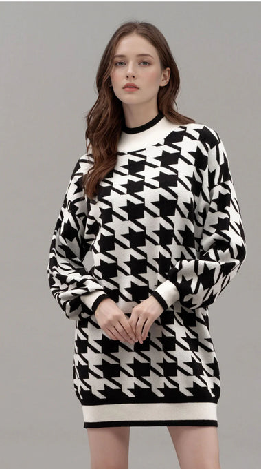 Mock Neck Houndstooth Sweater Dress