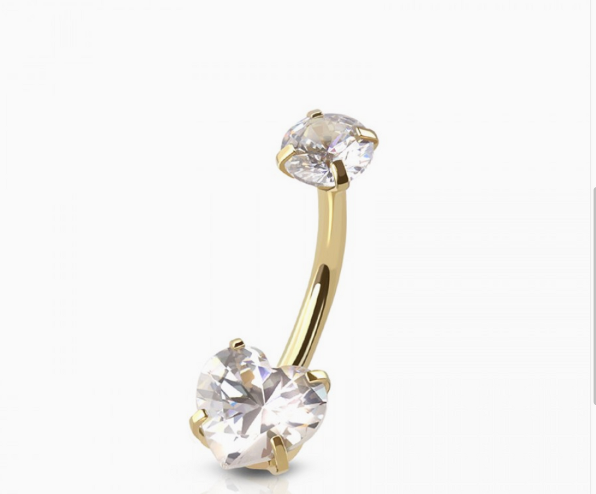 Gold Double Heart CZ Belly Button Ring | 14G