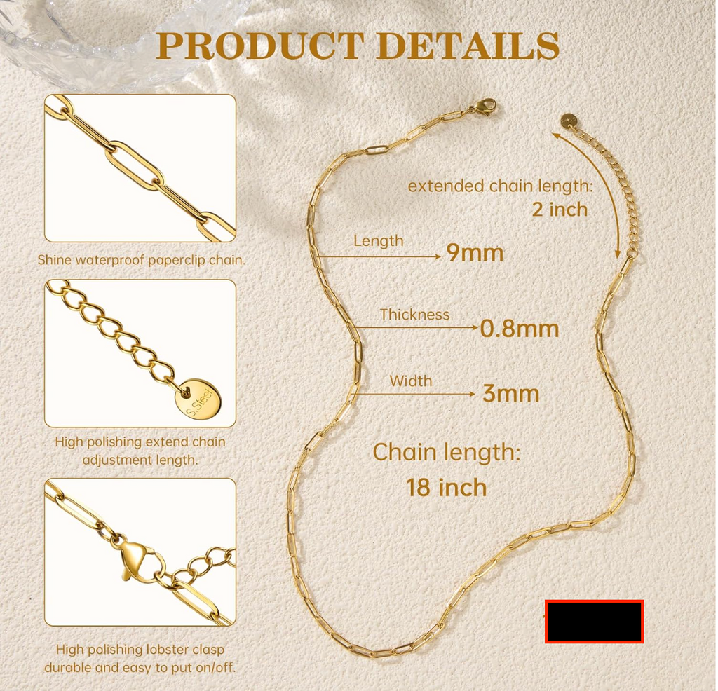 18K Gold Plated Paperclip Chain Necklace | 18" Adjustable
