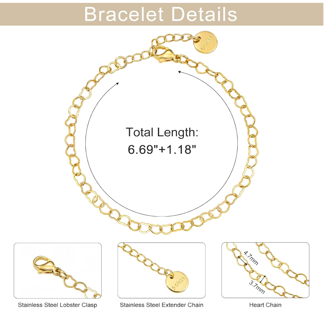 18K Gold Plated Heart Link Bracelet