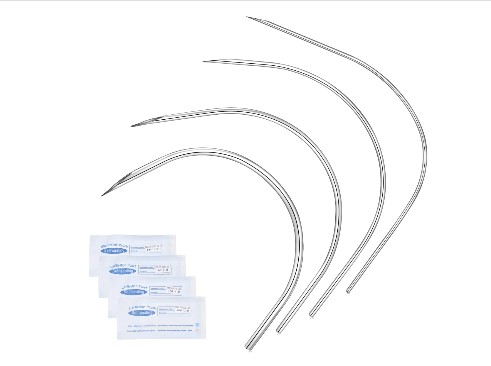 Mixed 14G 16G 18G 20G Curved Piercing Needles, Stainless Steel Disposable Sterilized