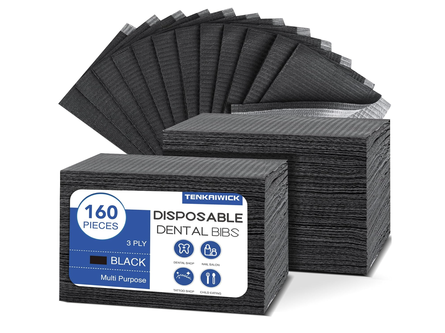 160 Pack Black Disposable Dental Bibs 3-Ply Waterproof