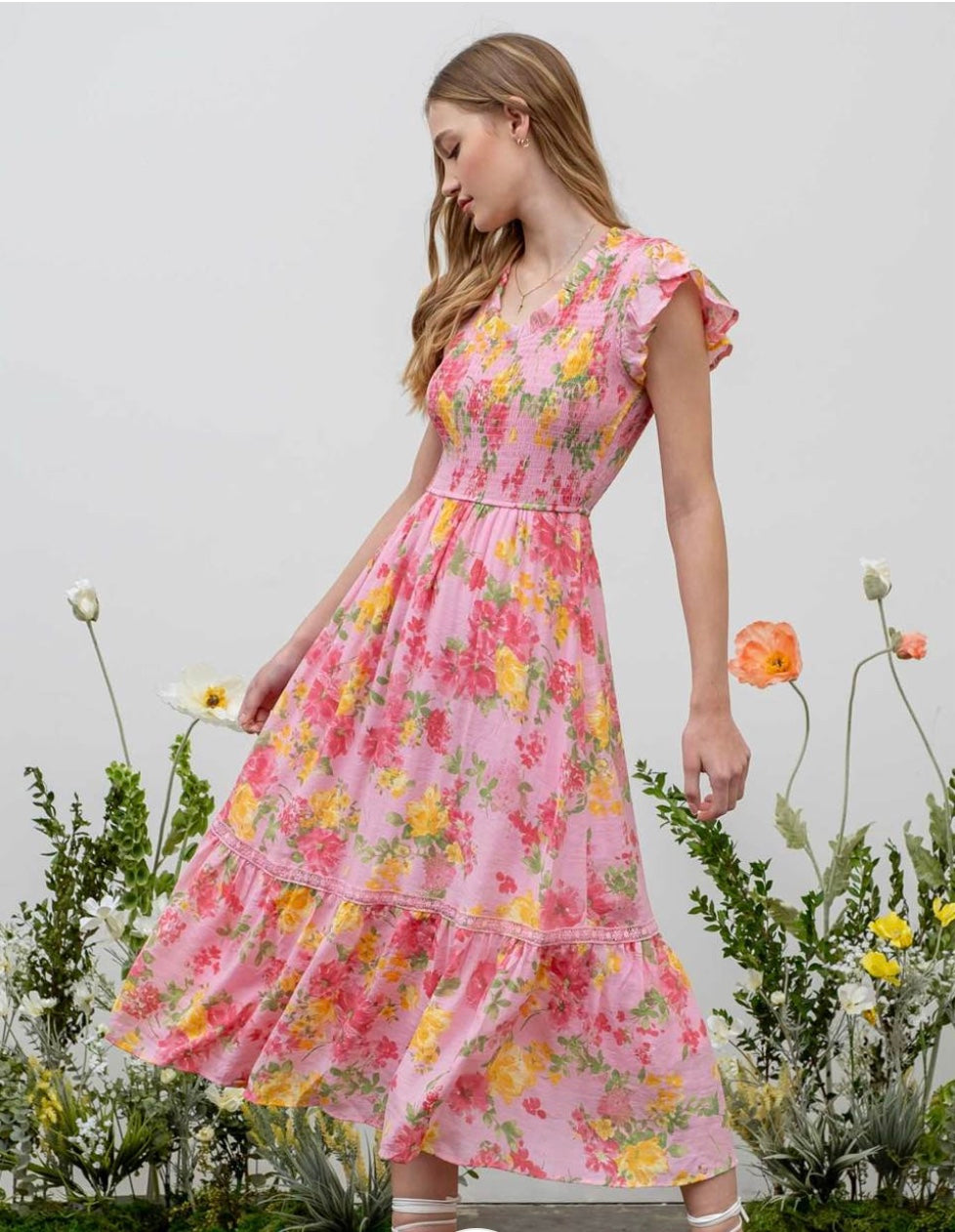 Floral Scoop Neck Smocked Maxi Dress