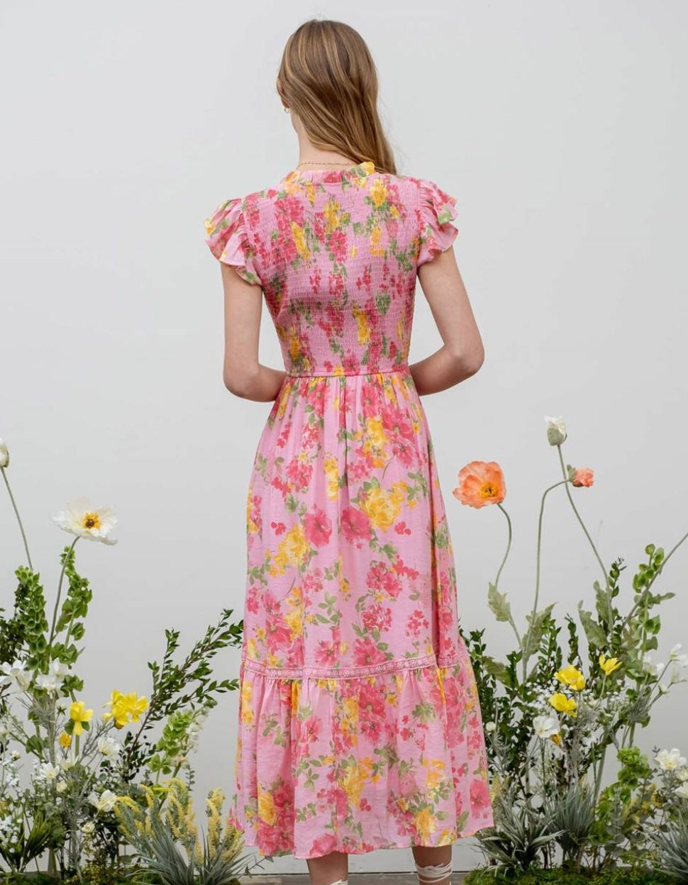 Floral Scoop Neck Smocked Maxi Dress