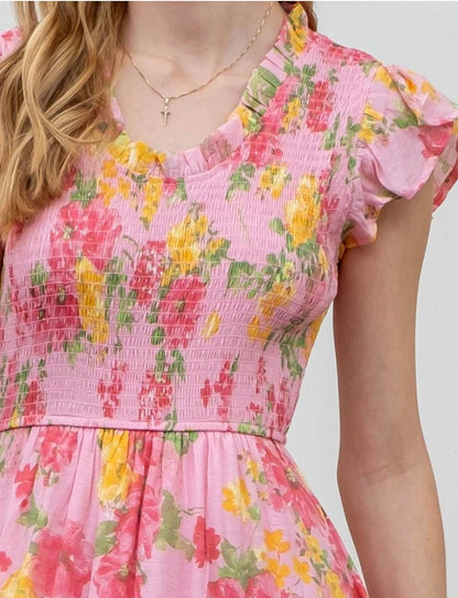 Floral Scoop Neck Smocked Maxi Dress