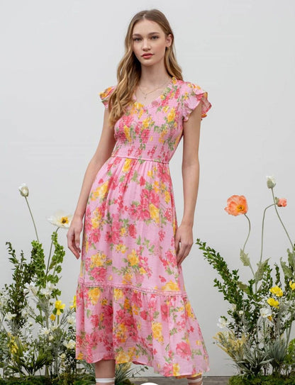 Floral Scoop Neck Smocked Maxi Dress