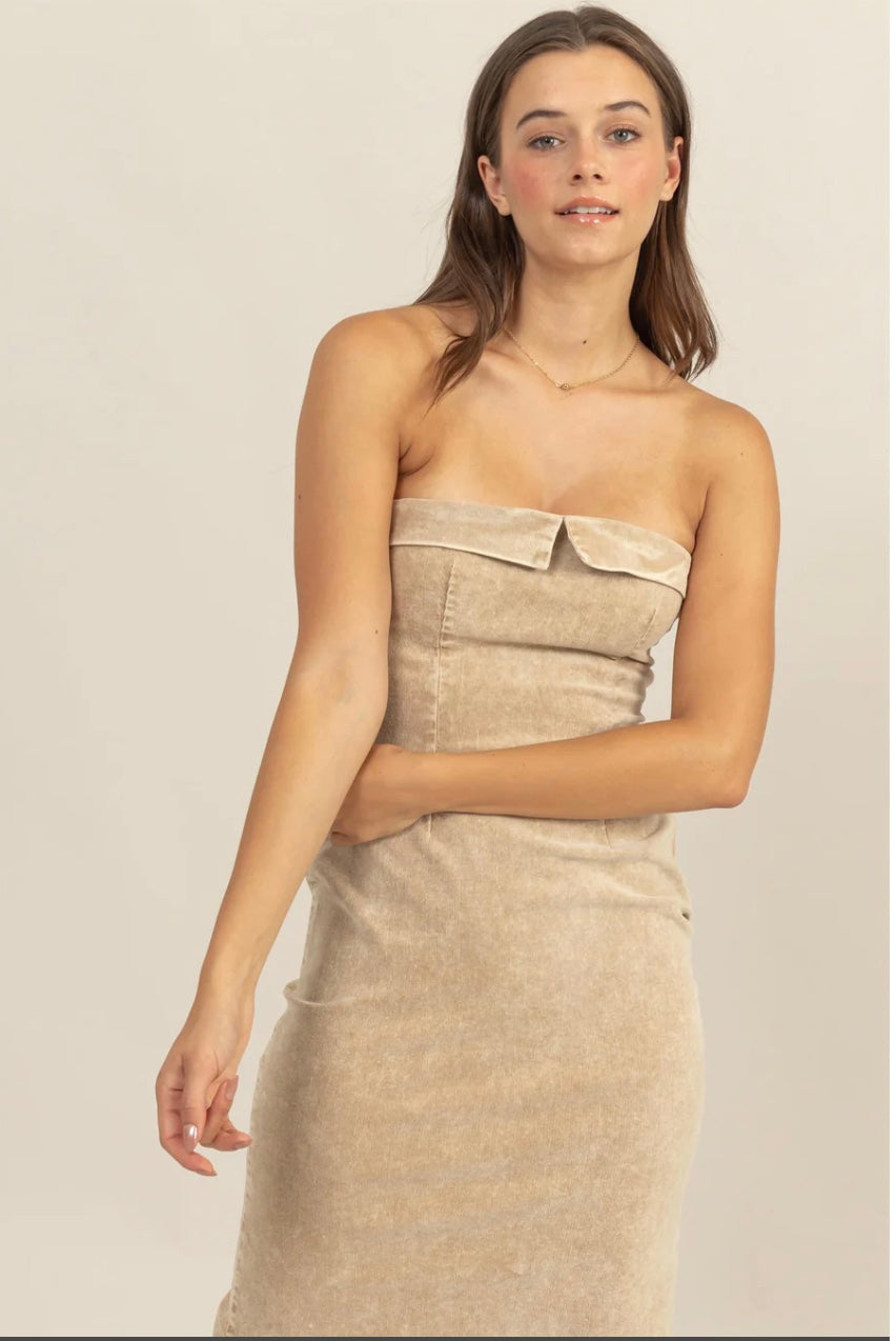 Washed Corduroy Strapless Dress